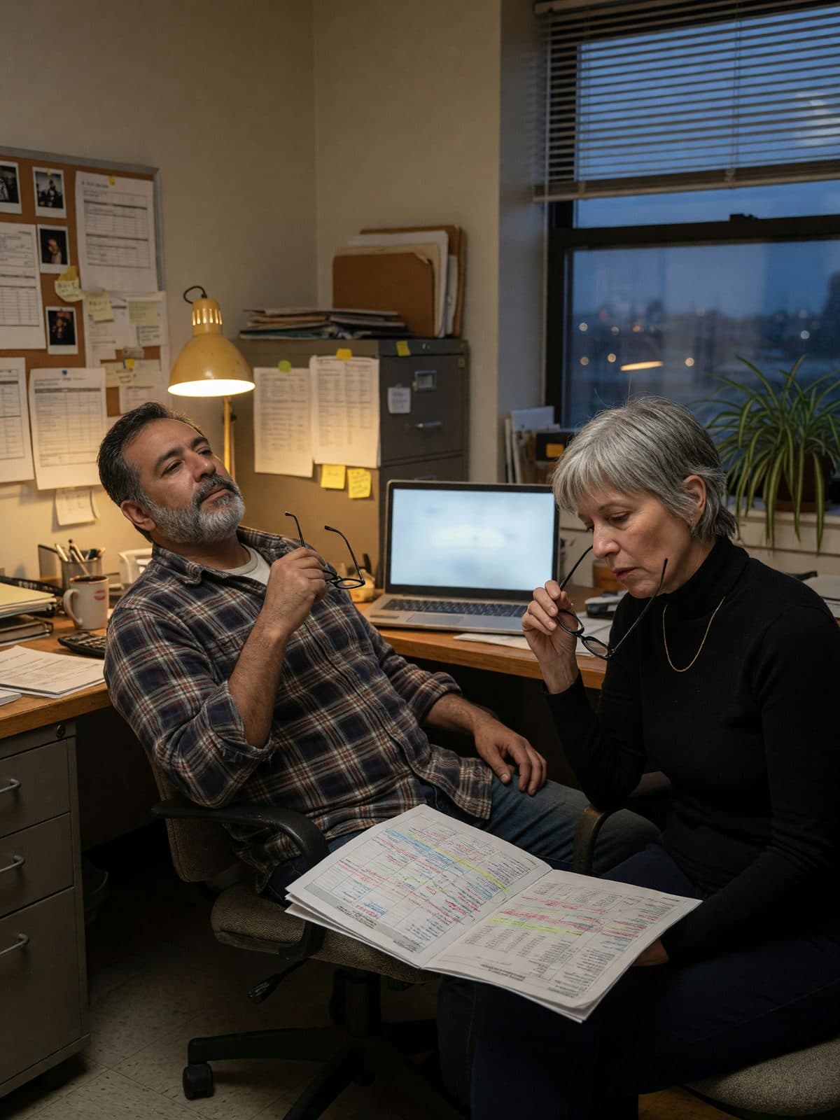 Two long-time business partners reviewing a spreadsheet at the end of the day