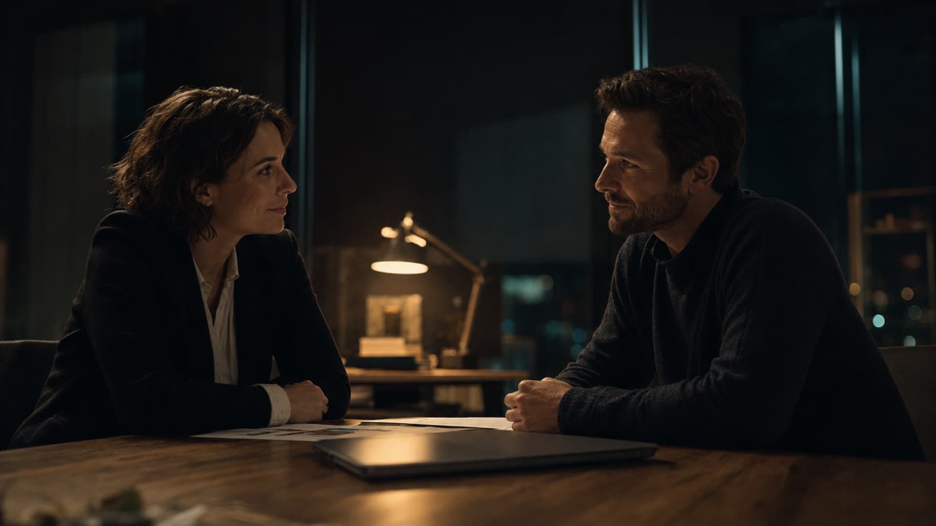 Two cofounders reaching agreement across a table at night