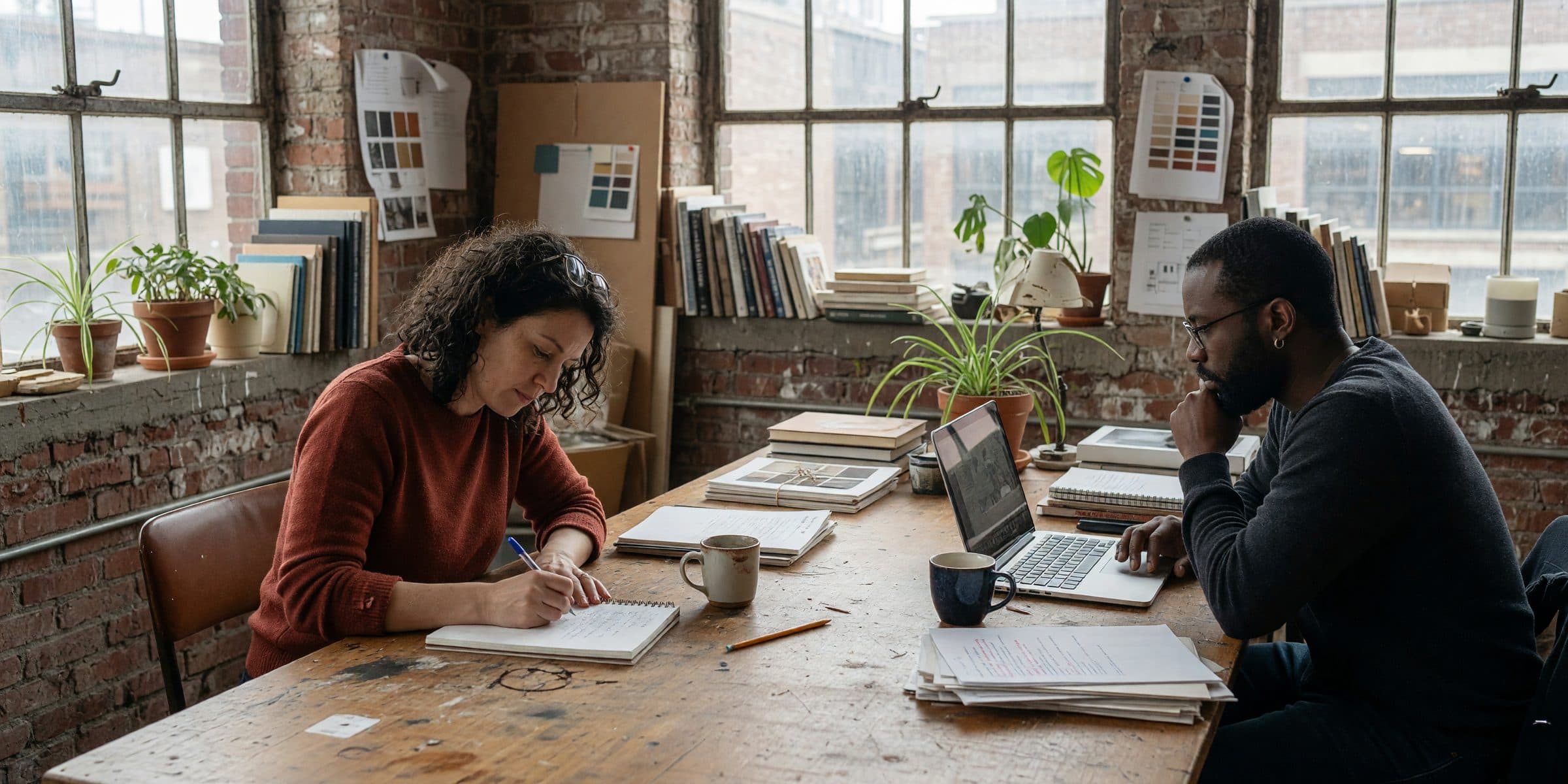 Two business partners at opposite ends of a long studio worktable, each writing their own answers