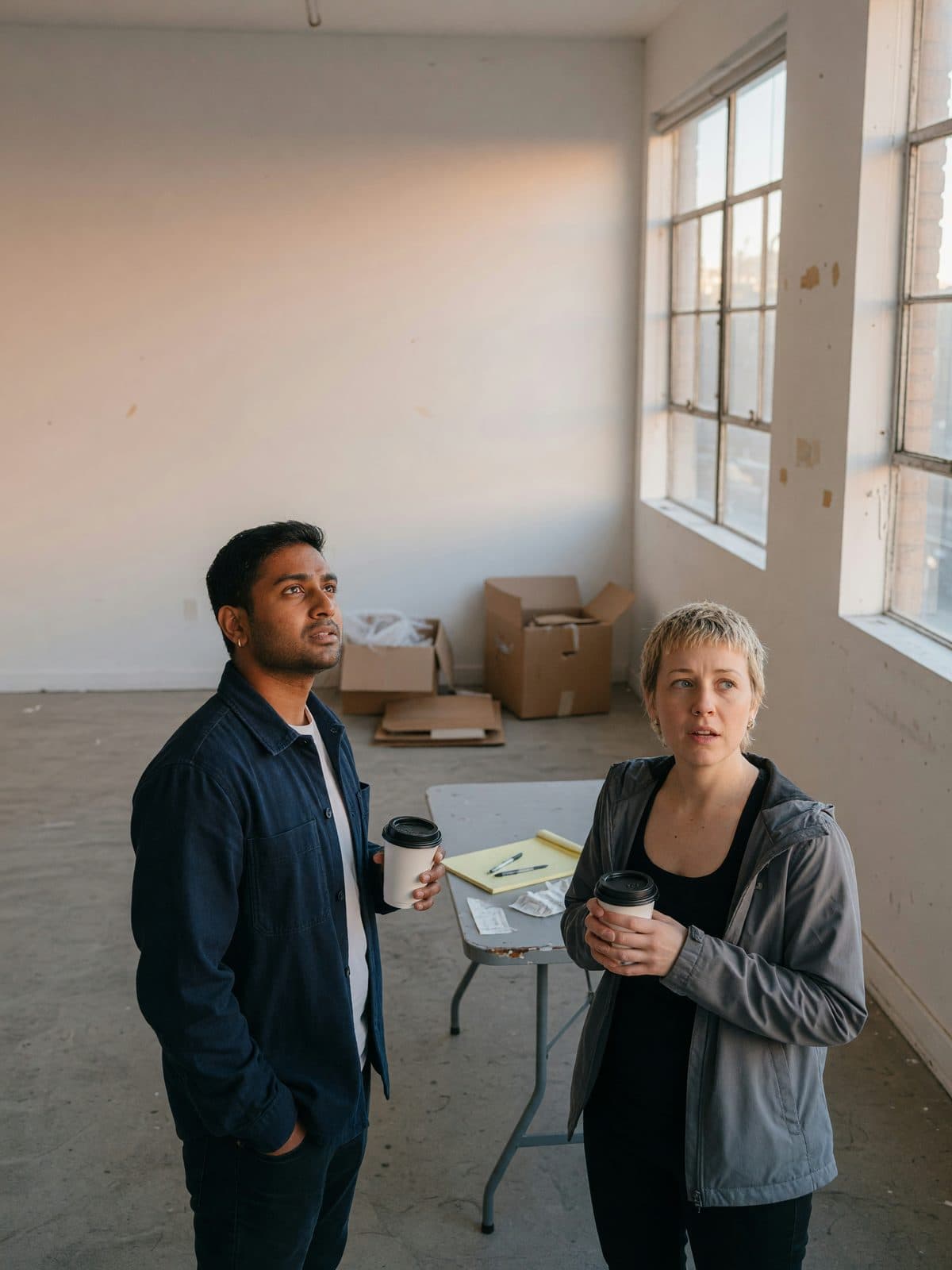Two new business partners holding coffee in an empty studio they just leased