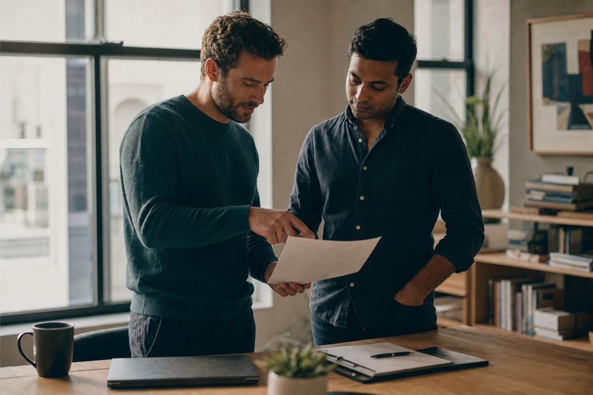 Two cofounders reviewing an agreement together in a bright daylight office