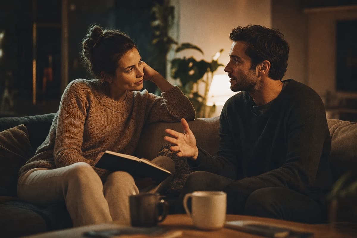 A couple sitting together on a sofa in warm evening light