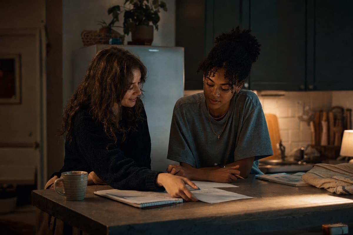 Two roommates talking in a shared kitchen